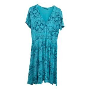 Fresh Produce Faux Wrap V Neck Dress Women XL Blue Short Sleeve Jersey Knit
